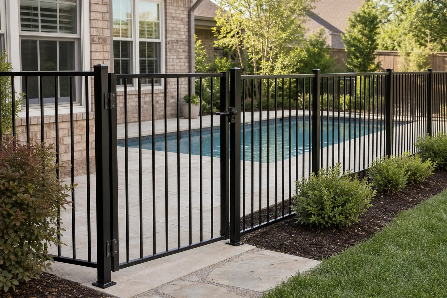 Black ornamental iron fence enclosing a pool in McKinney